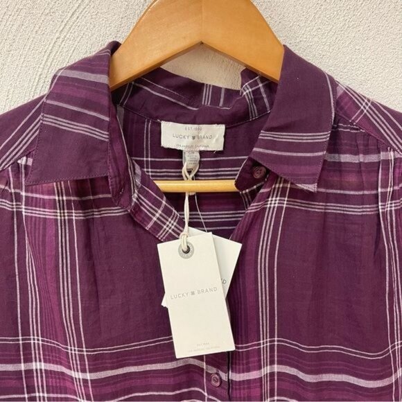 NWT Lucky Braden’s Maroon Plaid Sheer Button Down Short Sleeve Sz S/P - Picture 3 of 4